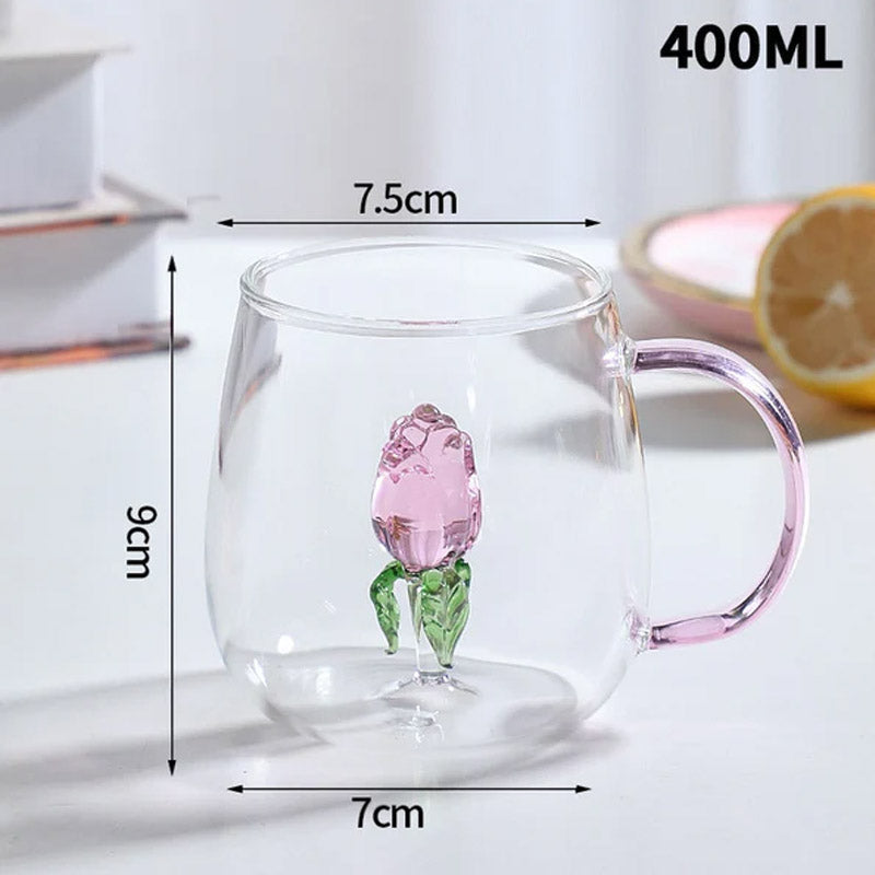 3D Rose Glass Cup With Handle